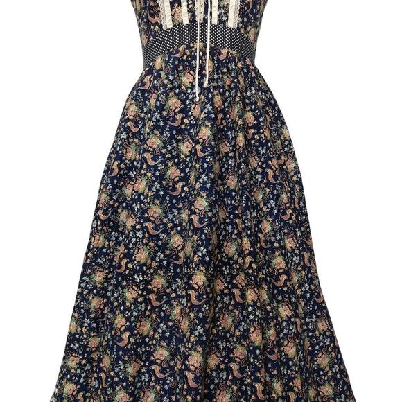 Gunne Sax Rooster Print Halter Dress Size 9 S Corset Lace Up Maxi Vintage 70s - Picture 6 of 13